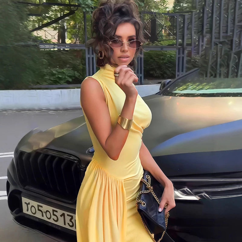 Glorol - Pleated Sleeveless High Slit Maxi Dress
