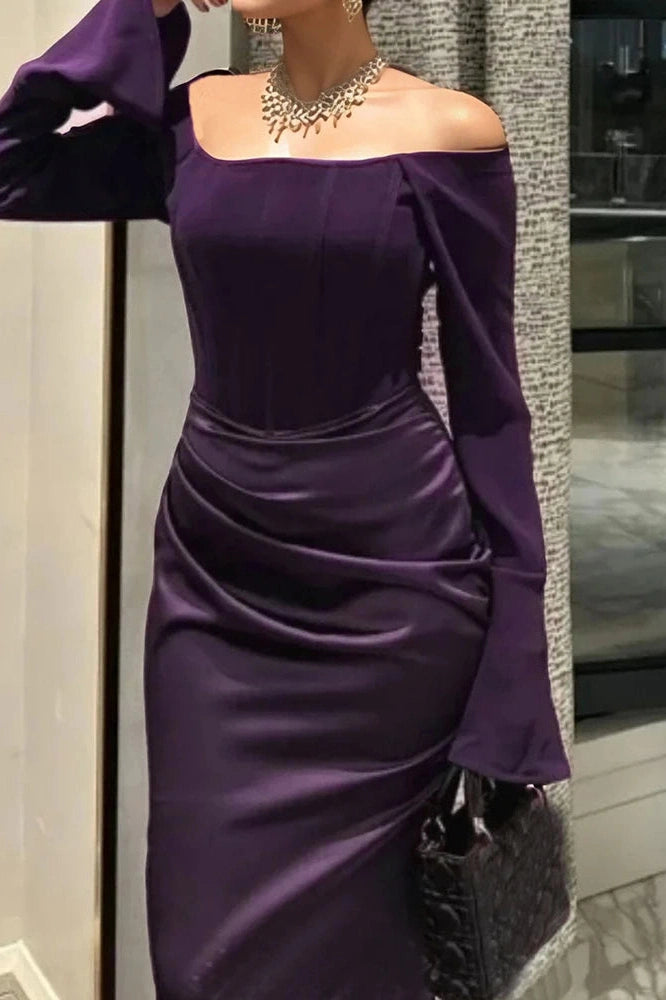 Glorol - Elegant Off-Shoulder High Waist Pleated Maxi Dress