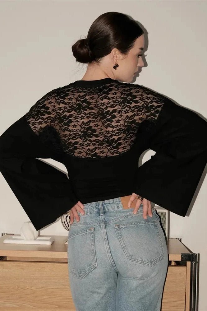 Glorol - Printed Backless Loose Patchwork Long Sleeve Top