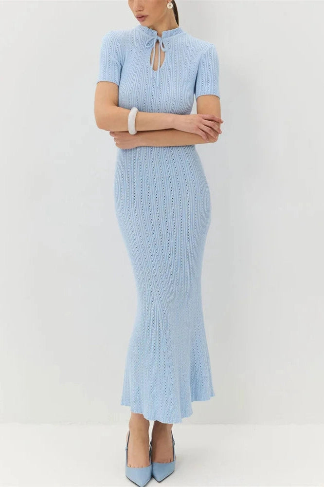 Glorol - Hollow Out Lace-Up Short Sleeve Patchwork High Waist Maxi Dress