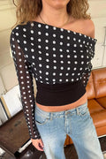 Glorol - One Shoulder Slim Long Sleeve  Patchwork Top