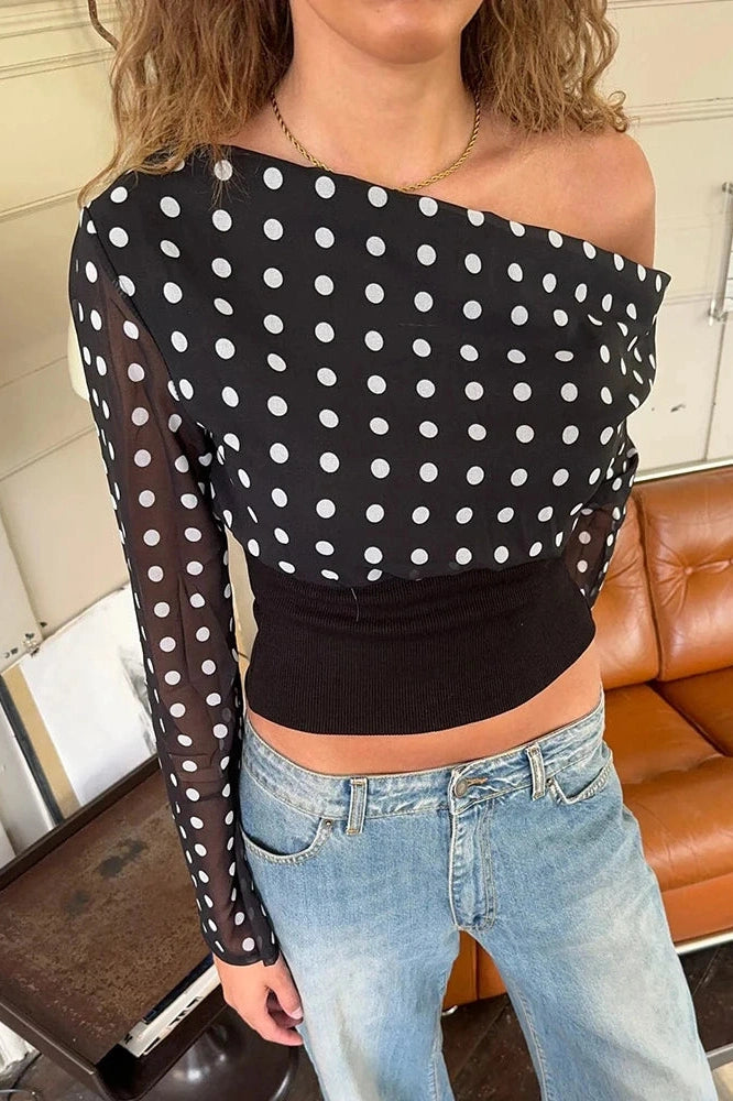 Glorol - One Shoulder Slim Long Sleeve  Patchwork Top