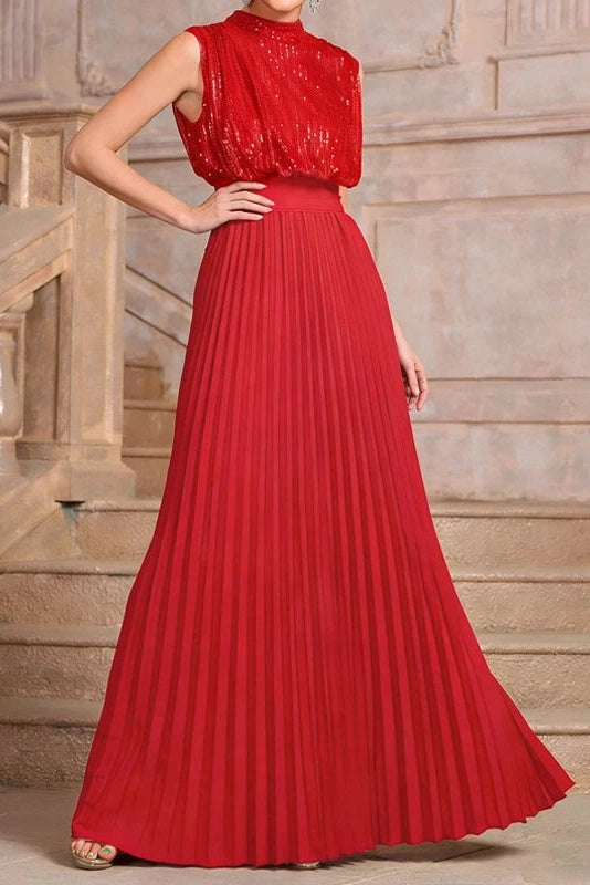 Glorol - Sleeveless Pleated High Waist O-Neck Maxi Dress