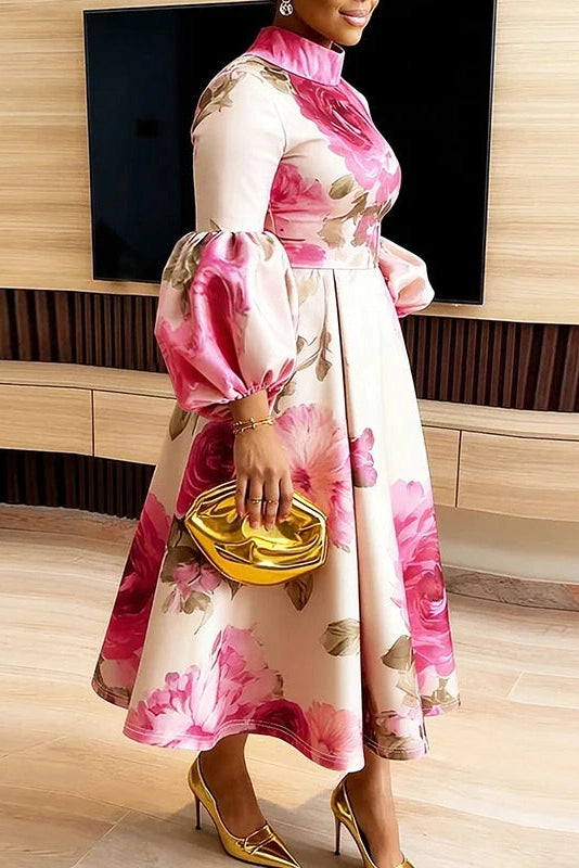 Glorol - Floral Print High Waist Pleated Long Sleeve Midi Dress