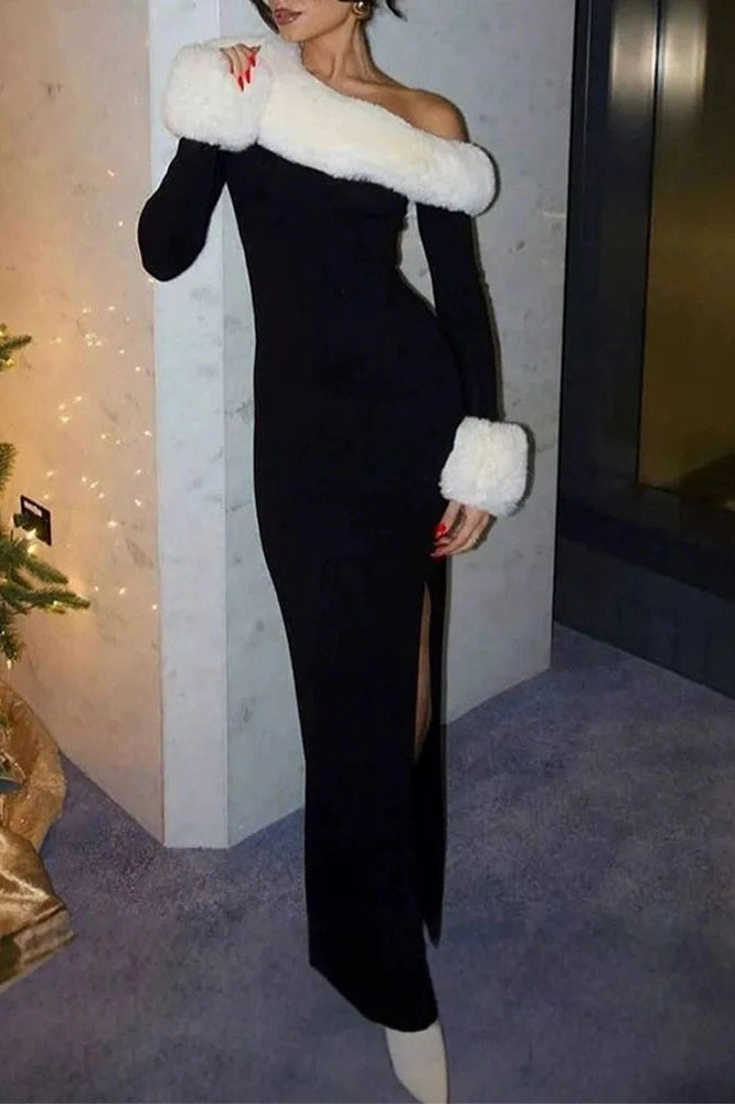 Glorol - Elegant Slash Collar Slim Maxi Dress