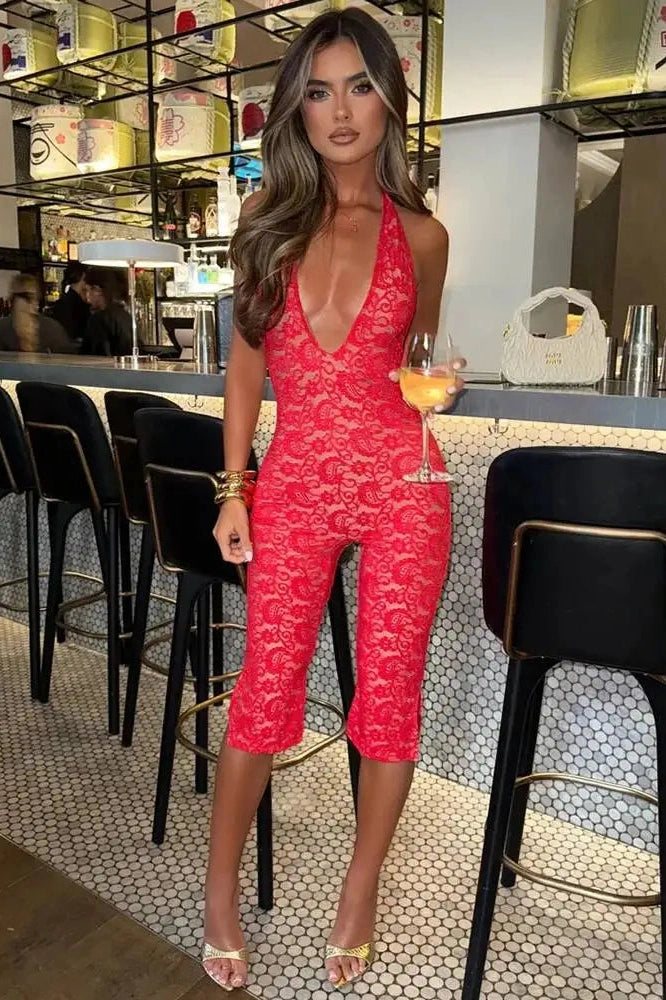 Glorol - Lace V Neck Sleeveless Backless Jumpsuit