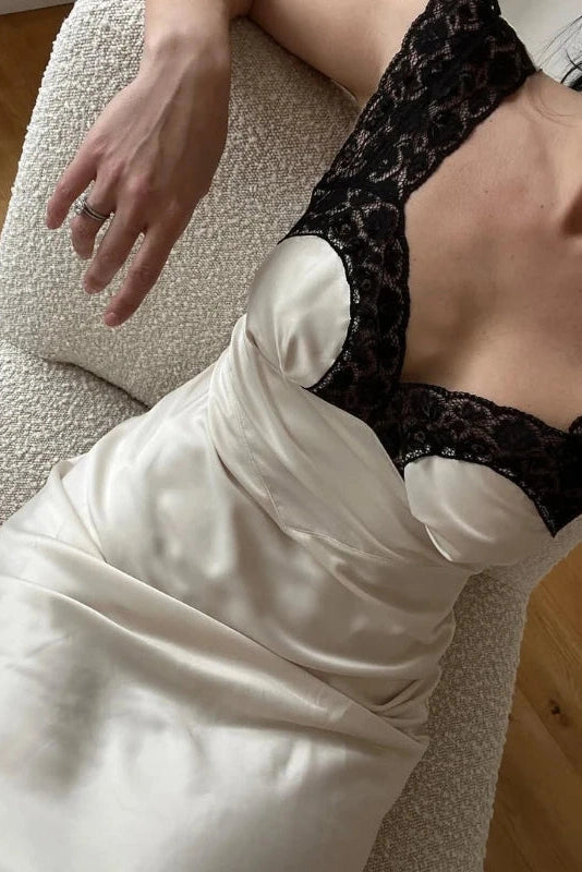 Glorol - Elegant Lace Slit Loose Pleated Backless Sleeveless Midi Dress