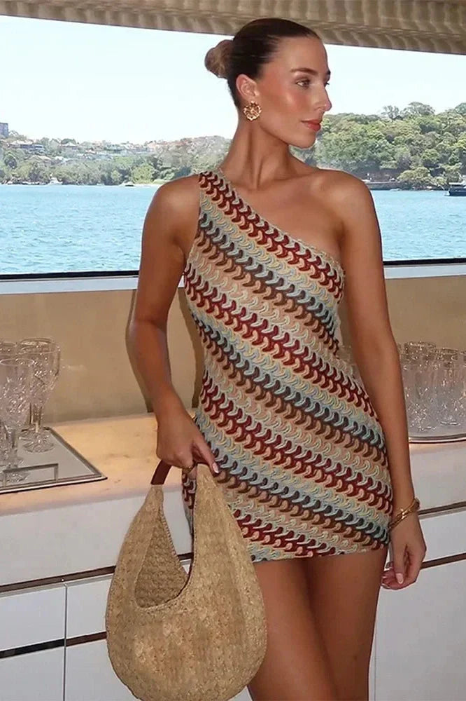 Notiglo - Knitted Stripe Printed Backless Slim Fit Mini Dress