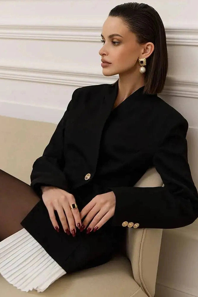 Glorol - Patchwork Long Sleeve V Neck High Waist Slim Mini Dress