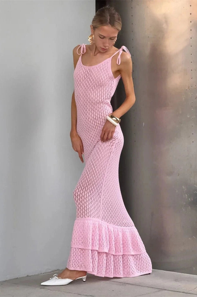 Glorol - Hollow Out Lace-Up High Waist Slim Backless Maxi Dress