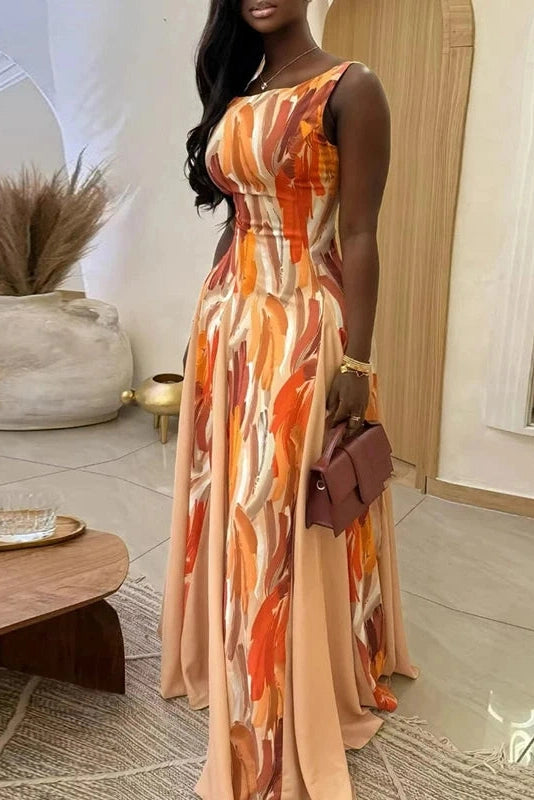 Glorol - Printed High Waist Pleated Slim Sleeveless Maxi Dress