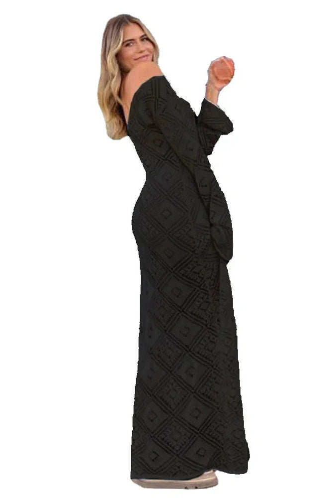 Glorol - See-Through Loose Flared Sleeve Backless V-Neck Maxi Dress
