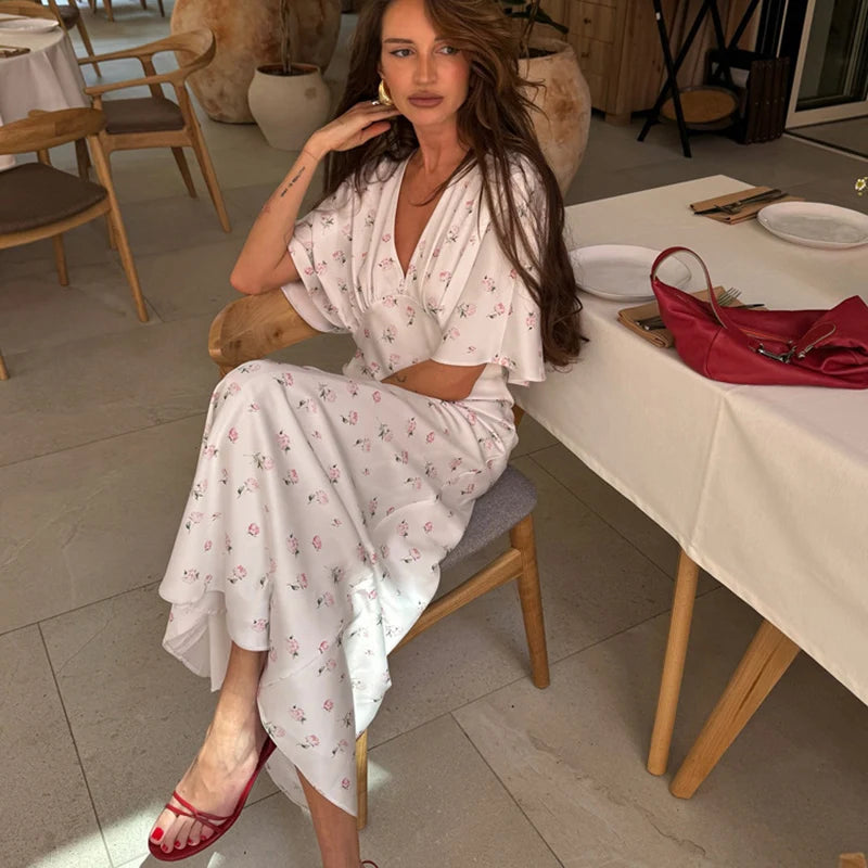 Glorol - Printed V-Neck Short Sleeve Maxi Dress