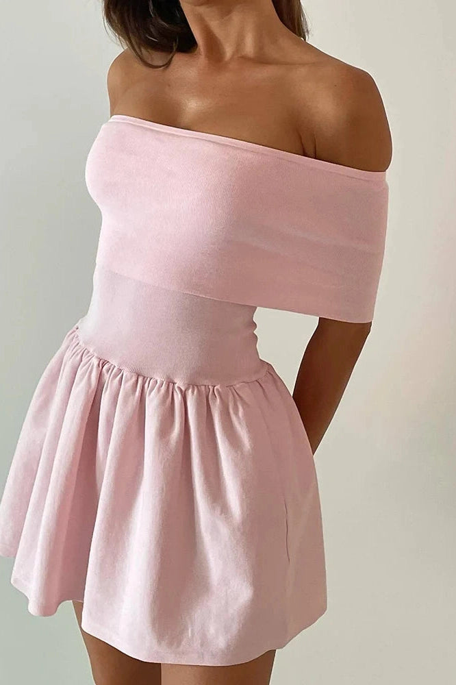 Glorol - Off Shoulder Patchwork Slash Neck Mini Dress