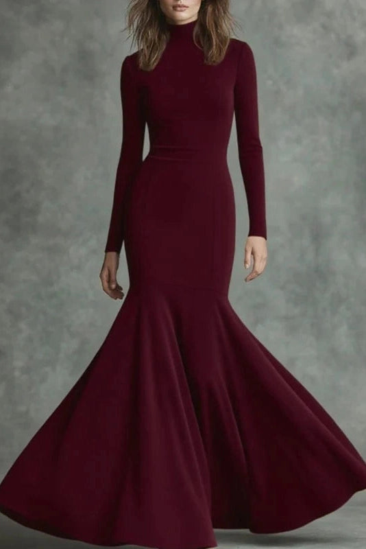 Glorol - Elegant Slim High Waist Turtleneck Long Sleeve Maxi Dress