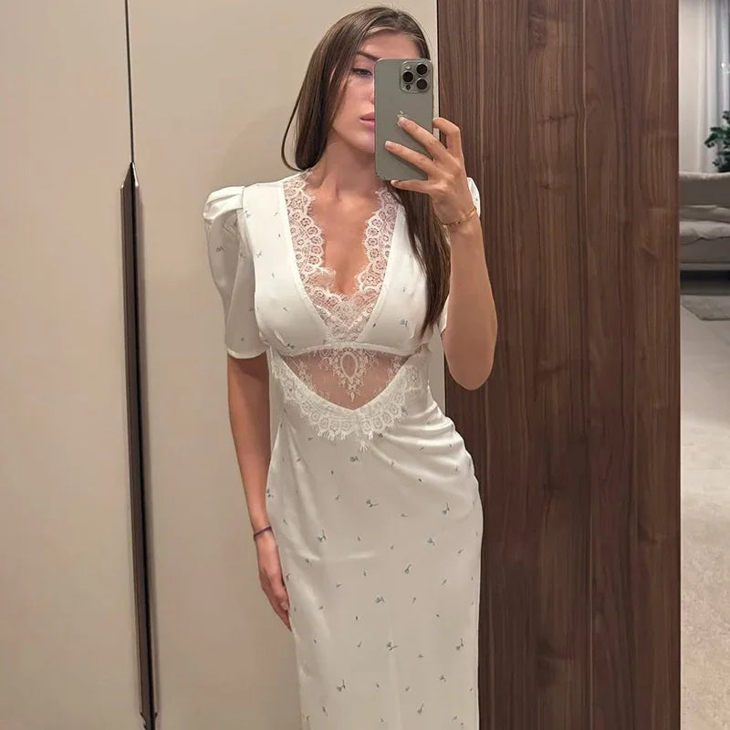 Glorol - Hollow Lace Short Sleeve Slim Printed Maxi Dress