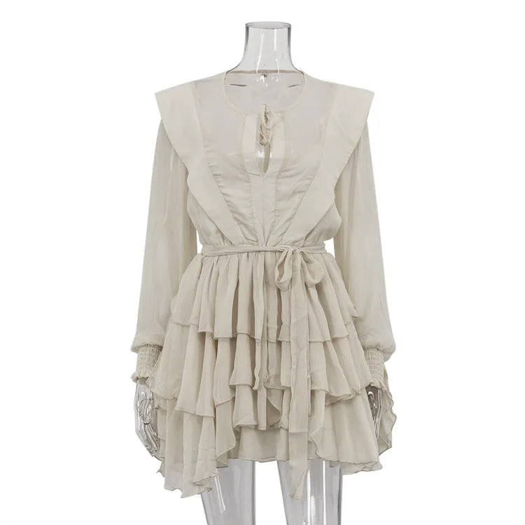 Glorol - See-Through Long Sleeve Lace Up Mini Dress