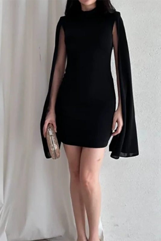 Glorol - Elegant High Waist O-Neck Sleeves Mini Dress
