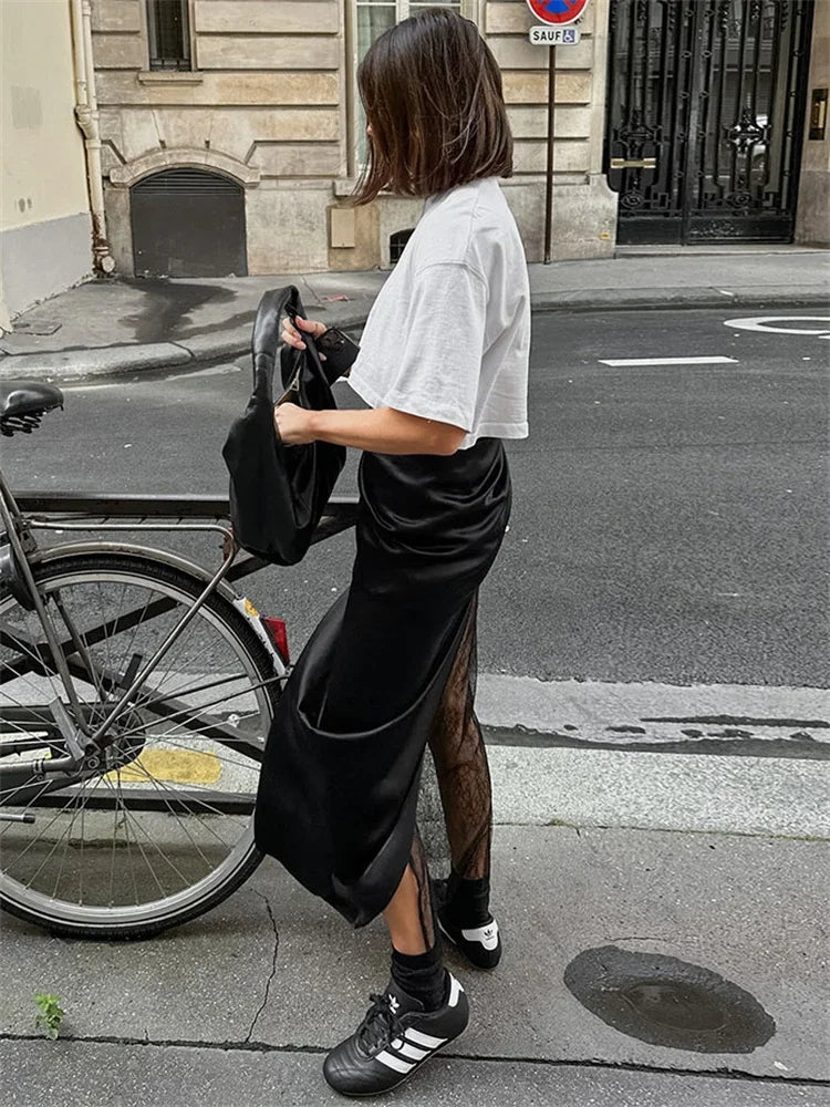 Glorol - High Waist PU Leather Patchwork Lace Skirt