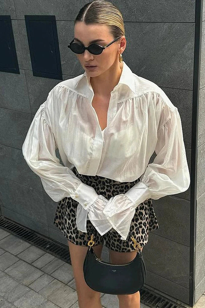 Glorol - See-Through Loose Slim Long Sleeve Pleated Top