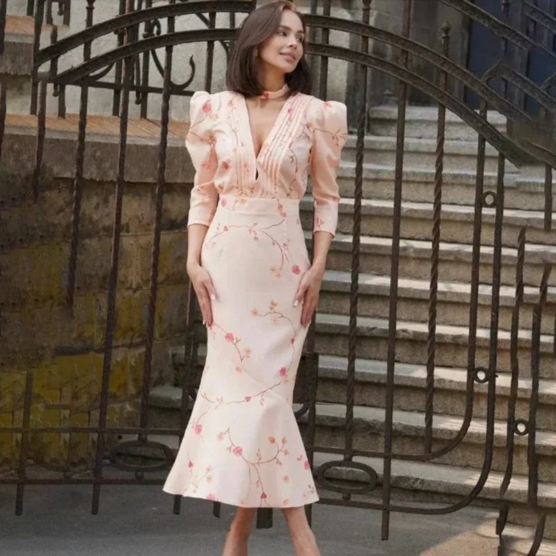 Glorol - Print Pleated V-Neck Puff Sleeve Maxi Dress