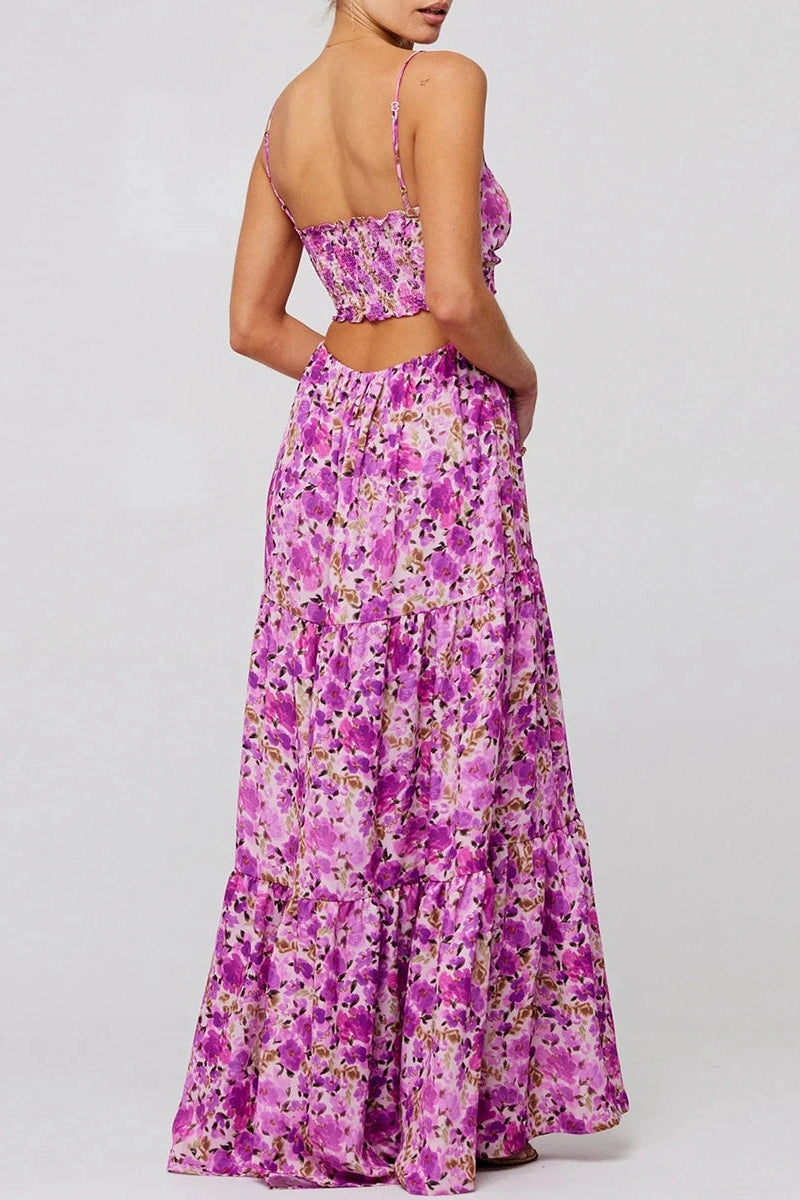 Glorol - Sleeveless Spaghetti Strap Floral Print Maxi Dress