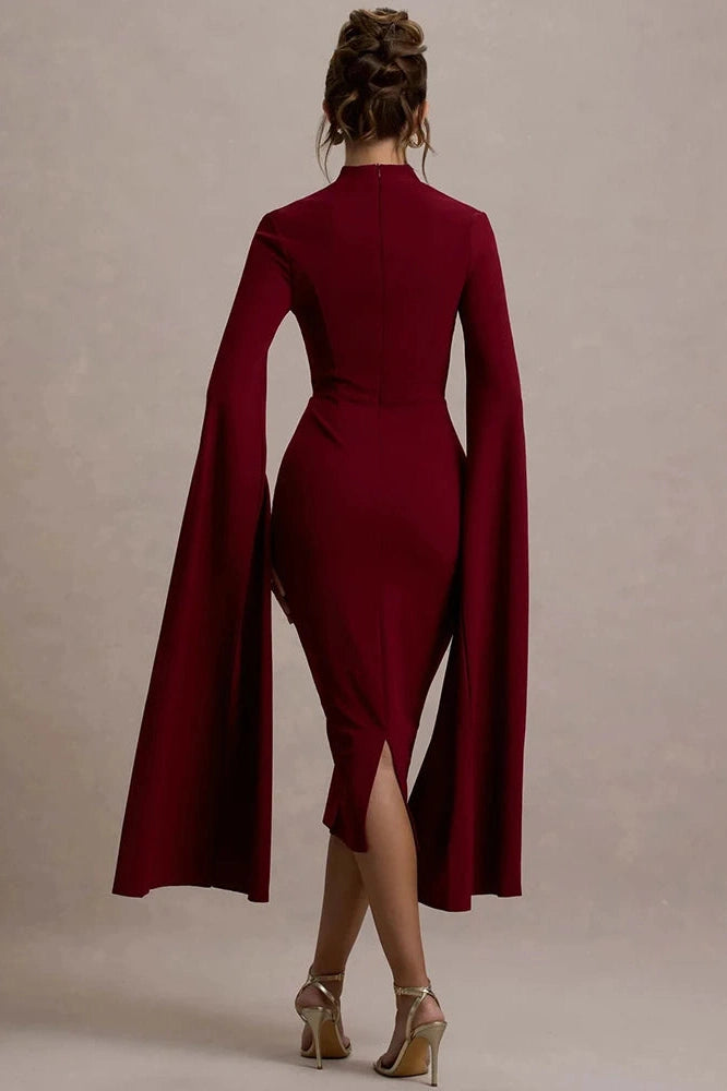 Glorol - Long Sleeve Square Collar Back Slit Bodycon Midi Dress