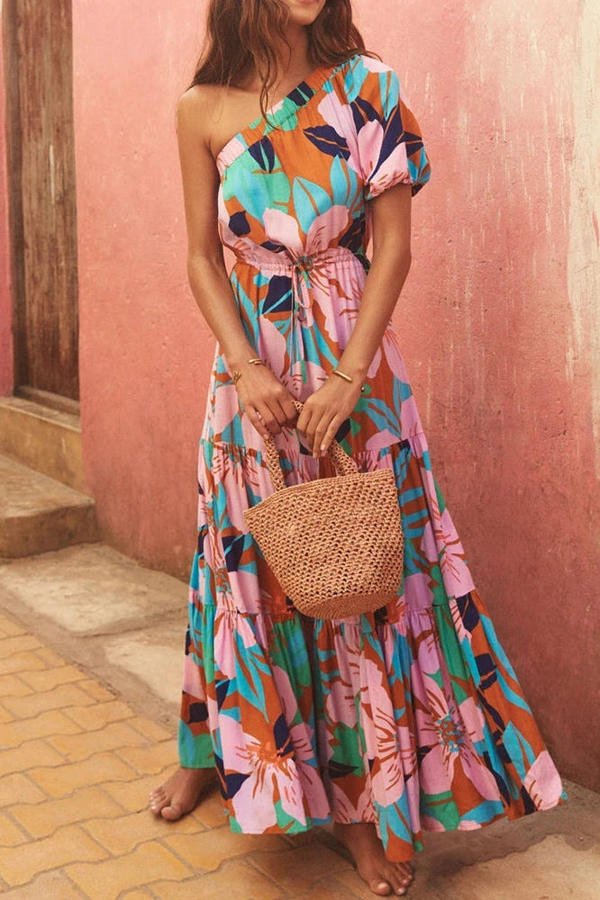 Glorol - Printed High Waist Pleated One-Shoulder Sleeve Maxi Dress