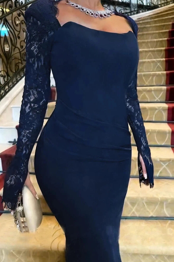 Glorol - Long Sleeve Pleated Bodycon Square Collar Lace Slim Maxi Dress