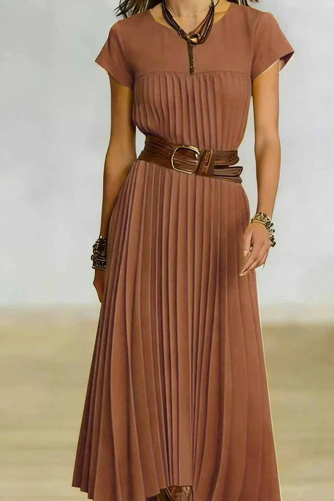 Glorol - O-Neck Short Sleeve Pleated Loose High Waist Midi Dress