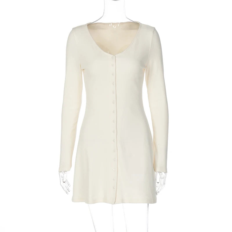 Glorol - Long Sleeve V Neck Single Breasted Slim Mini Dress