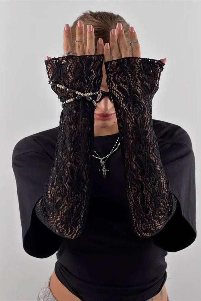 Glorol - Lace Long Sleeve Printed High Waist Top