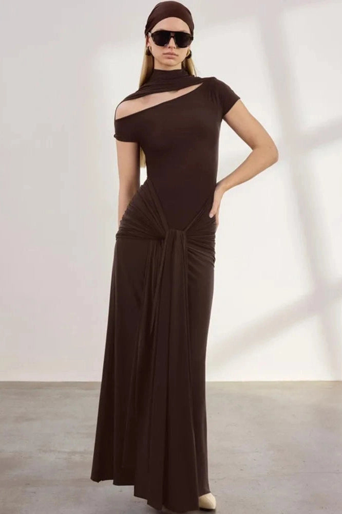 Glorol - Hollow Out Short Sleeve Turtleneck Bodycon Maxi Dress