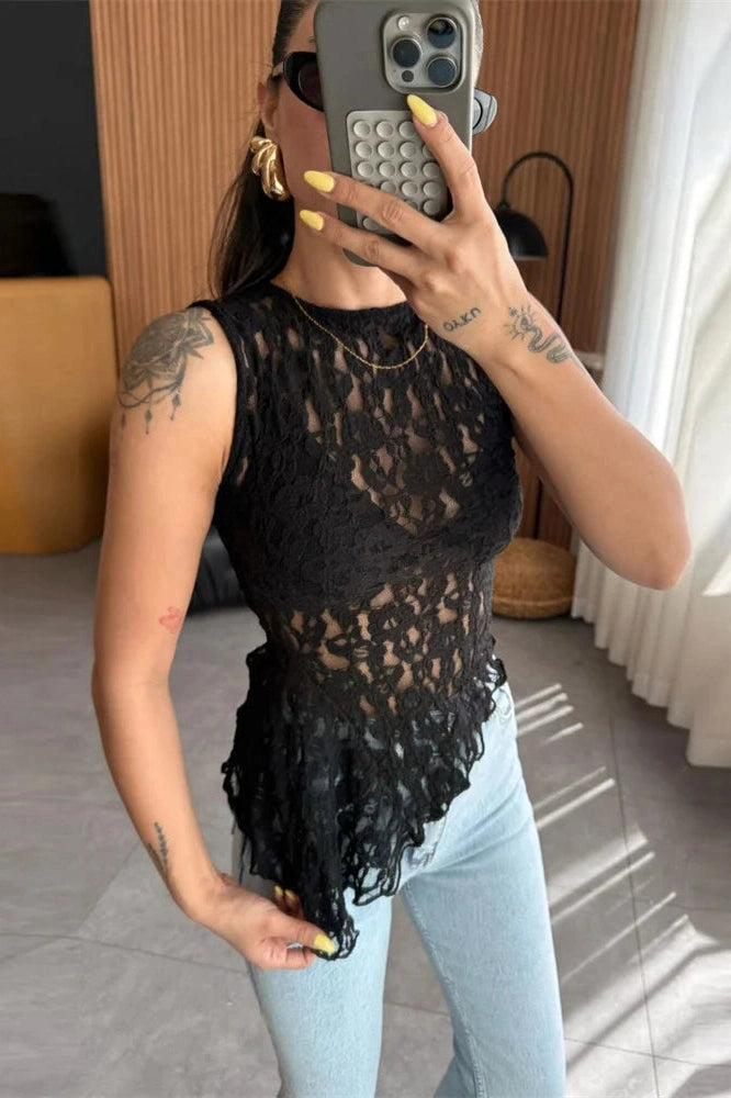 Glorol - Lace Printed See-Through Sleeveless Patchwork Top