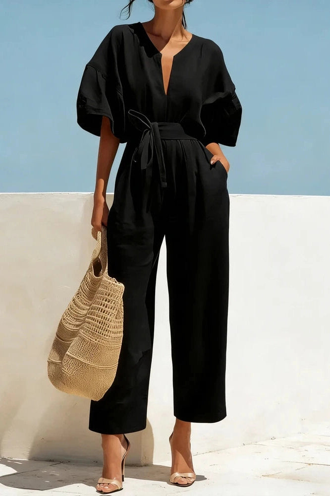 Glorol - Lace-Up Waist Cotton V-Neck Half Sleeve Jumpsuit