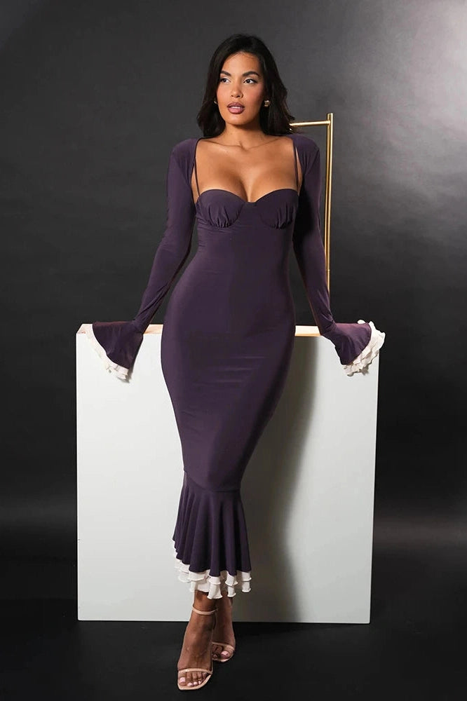 Glorol - Elegant Long Sleeve Patchwork Square Collar Maxi Dress