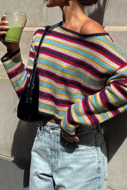 Glorol - One Shoulder Knit Loose Fit Long Sleeve Top