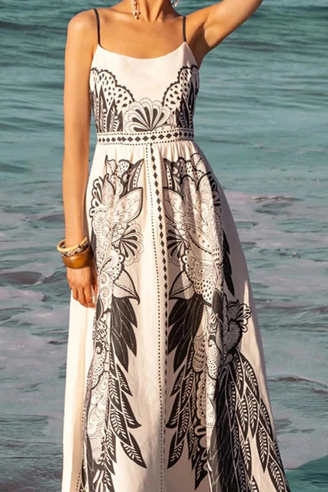 Glorol - Elegant Hollow Out Sleeveless High Waist U-Collar Printed Maxi Dress