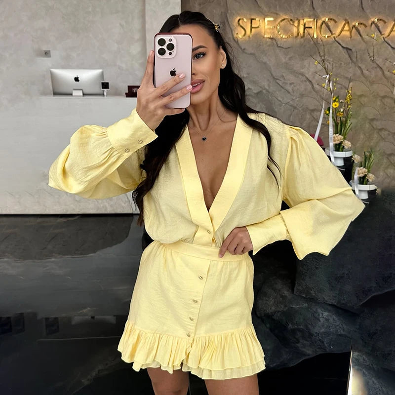 Glorol - Deep V Neck Loose Lantern Sleeve Irregular Mini Dress