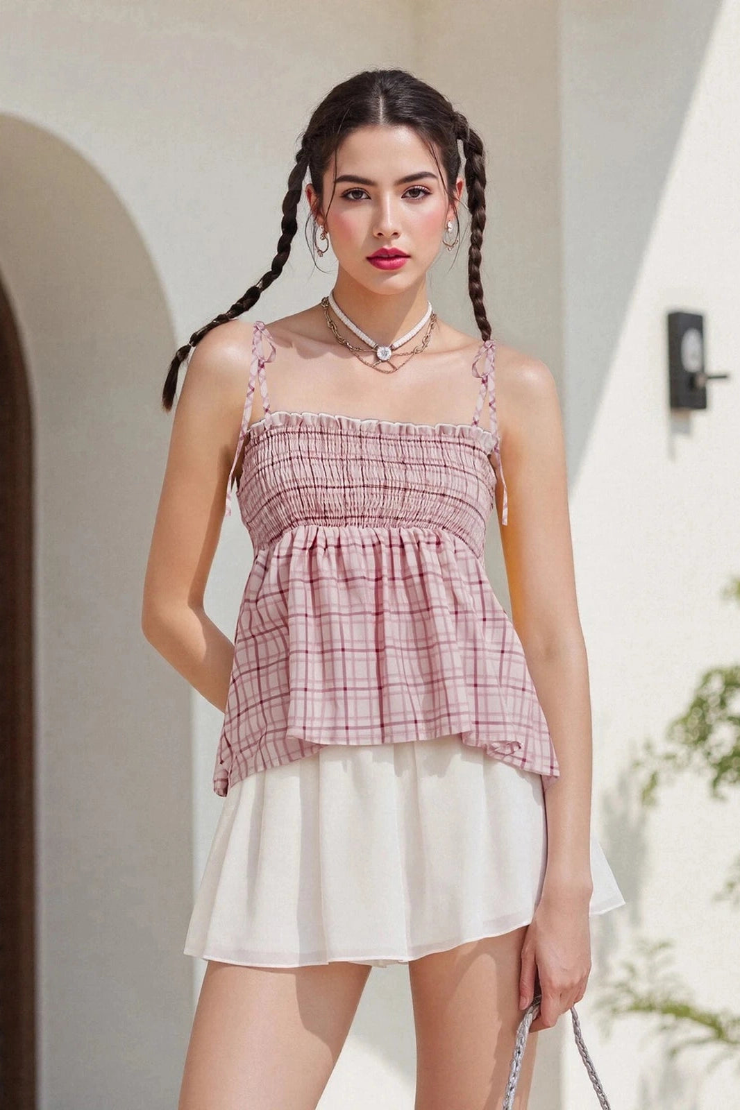 Glorol - Sleeveless Backless Tie-Up Plaid Top