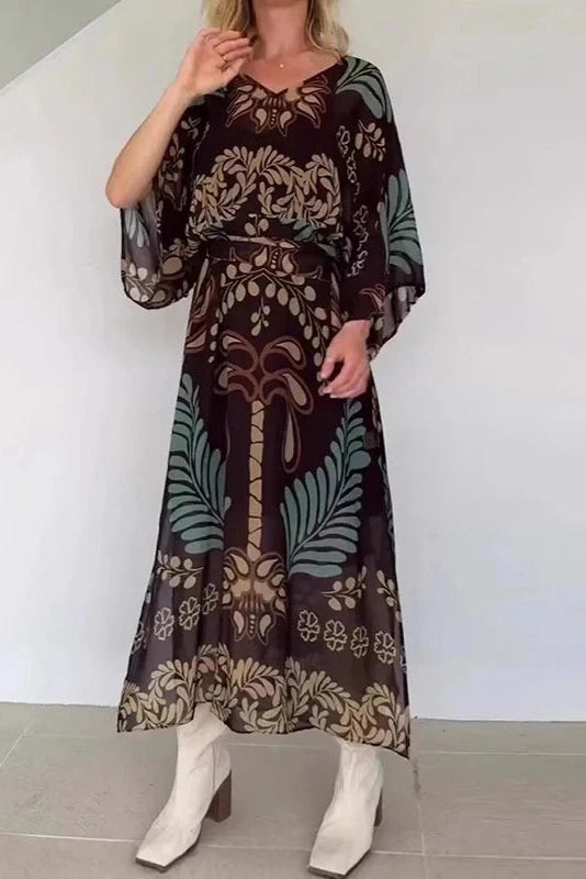 Glorol - Long Sleeve Loose Pleated Lace Up Printed V-Neck Maxi Dress