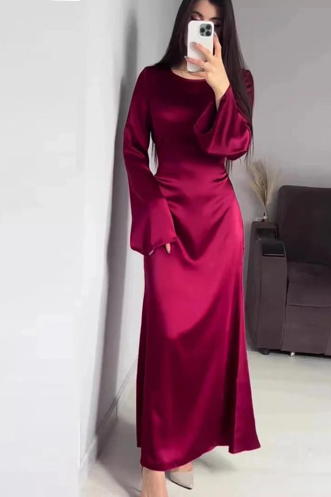 Glorol - Bell Sleeve Lace-Up Slim Bodycon Maxi Dress