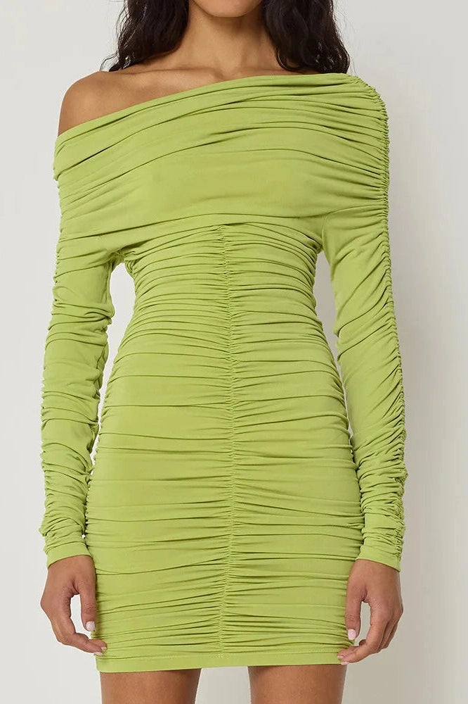 Glorol - Inclined Shoulder Long Sleeve Backless Mini Dress
