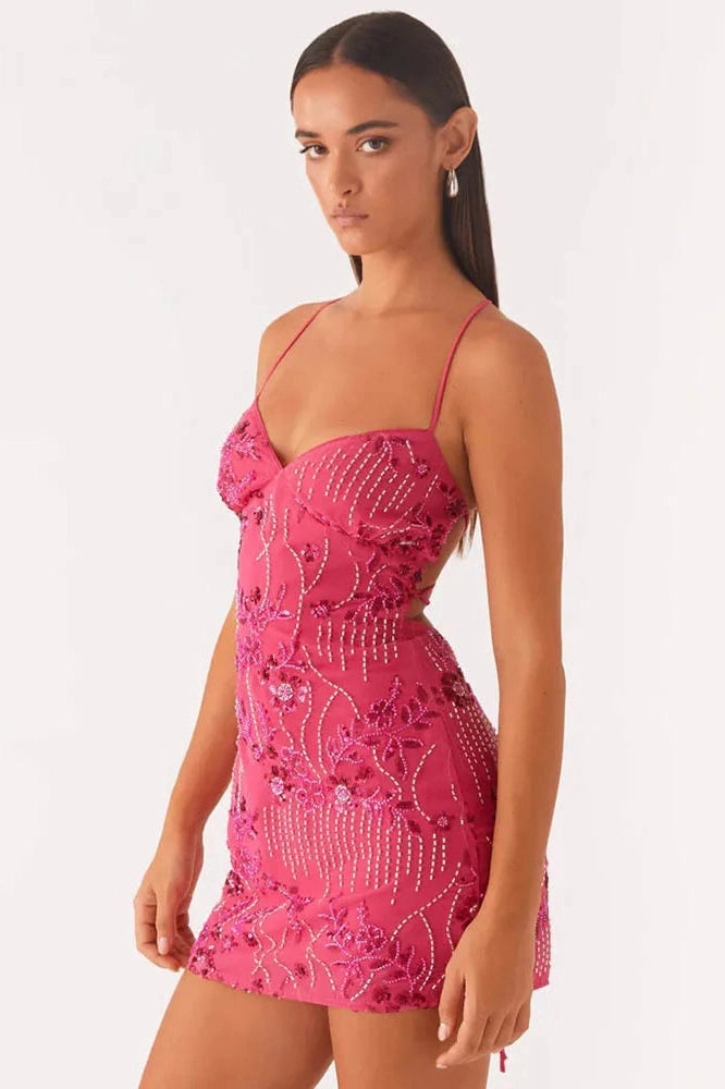 Glorol - Backless Spaghetti Strap Sleeveless Mini Dress