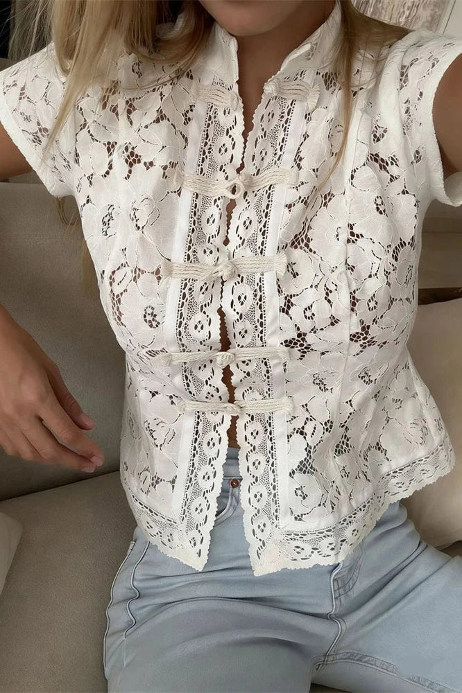 Glorol - Hollow Out Lace Short Sleeve Patchwork Top