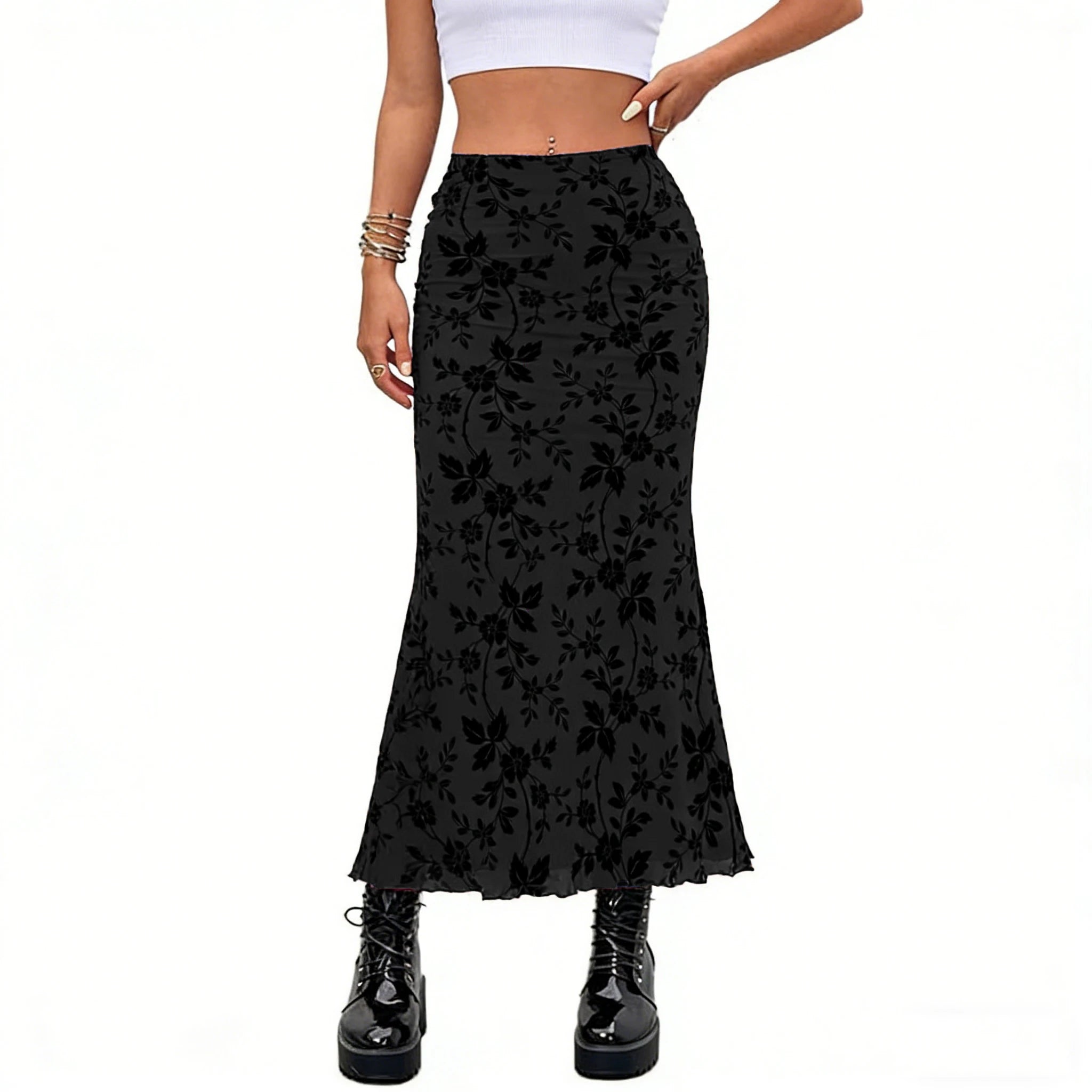 Glorol - Floral Print Flocked Mesh High Waist Skirt
