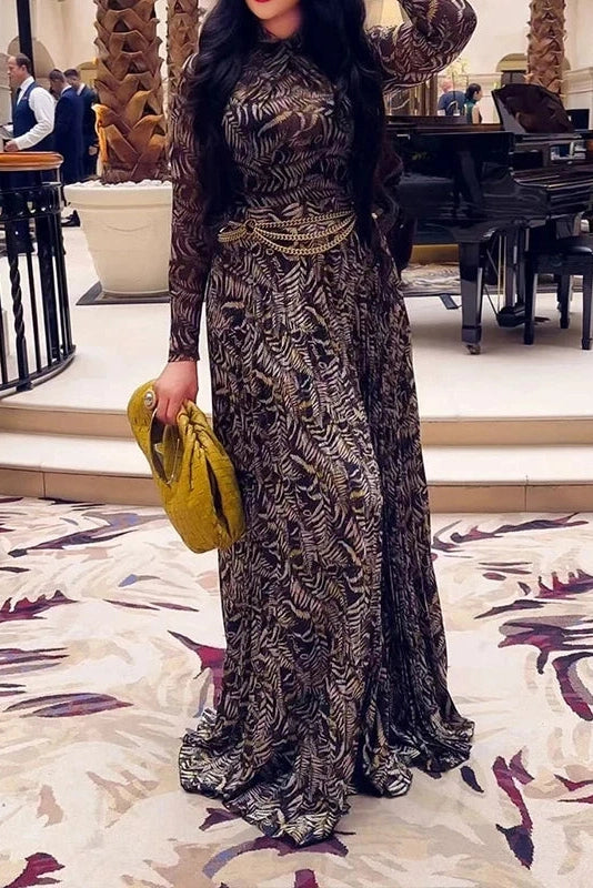 Glorol - Long Sleeve Printed Slim Pleated High Waist Maxi Dress