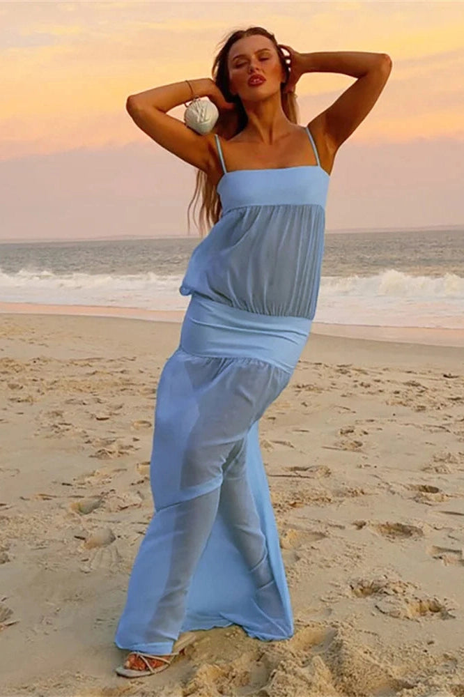Glorol - See-Through Patchwork Spaghetti Straps Maxi Dress