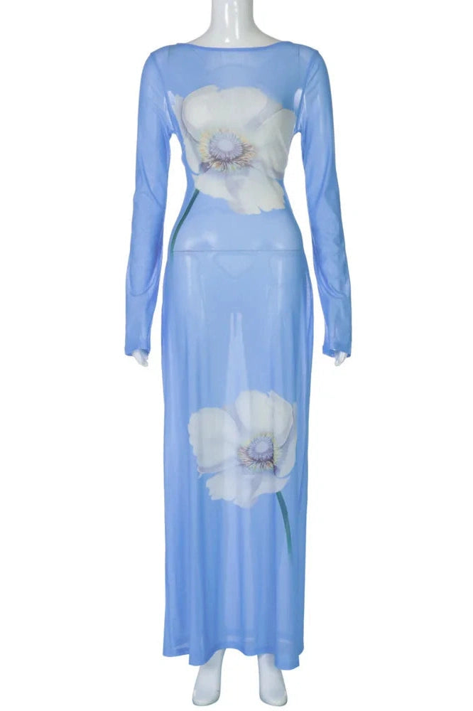 Glorol - See Through Printed Long Sleeve Lace-Up Backless Maxi Dress