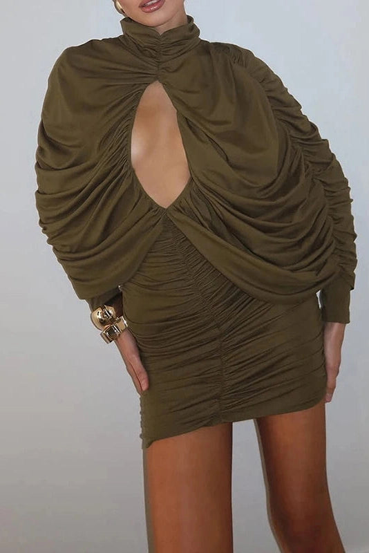 Glorol - Elegant Hollow Out High Waist High Collar Mini Dress